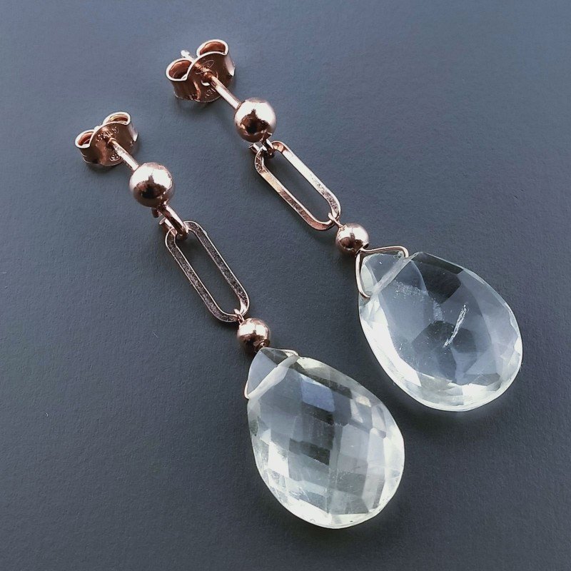 Orecchini Graffetta In Argento 925 A Nodo Orafo Oro Rosa Con Ametista Verde (Prasiolite) Goccia Briolette Sfaccettato A Mano
