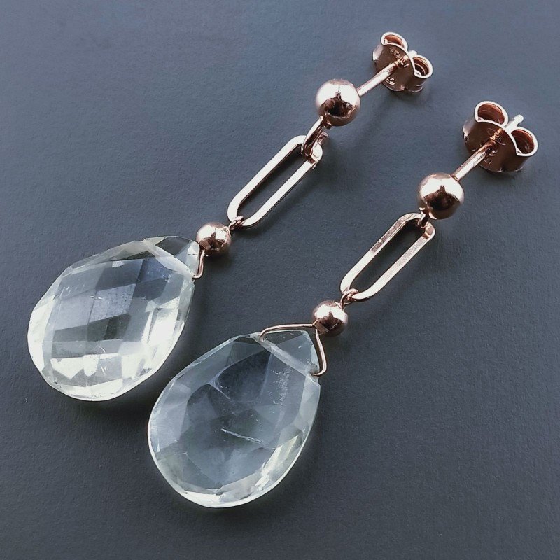 Orecchini Graffetta In Argento 925 A Nodo Orafo Oro Rosa Con Ametista Verde (Prasiolite) Goccia Briolette Sfaccettato A Mano