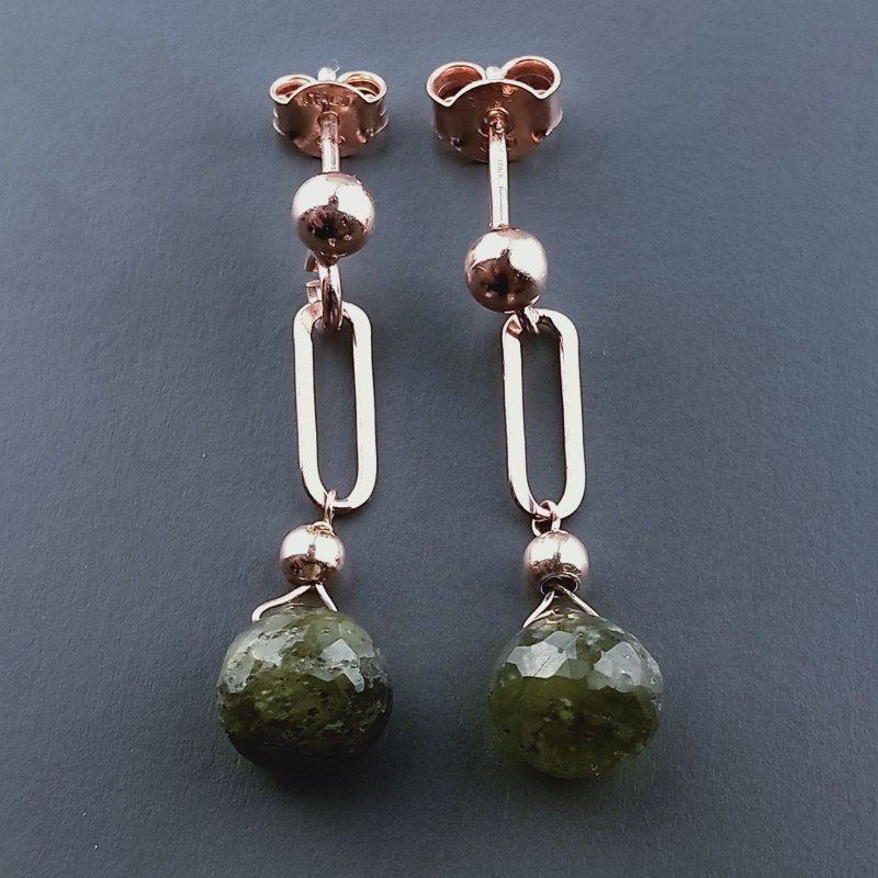 Orecchini Graffetta In Argento 925 A Nodo Orafo Dorato Con Olivina (Peridoto) Cipolla Goccia Briolette Sfaccettato A Mano