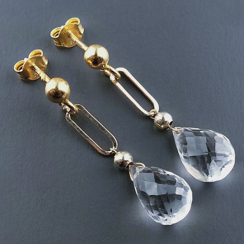 Orecchini Graffetta In Argento 925 A Nodo Orafo Dorato Con Cristallo Di Rocca Cipolla Goccia Briolette Sfaccettato A Mano