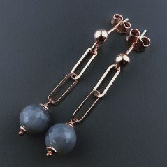 Orecchini Graffetta In Argento 925 A Nodo Orafo Oro Rosa Con Pietra Di Luna Grigia Tondo Sfaccettato A Mano