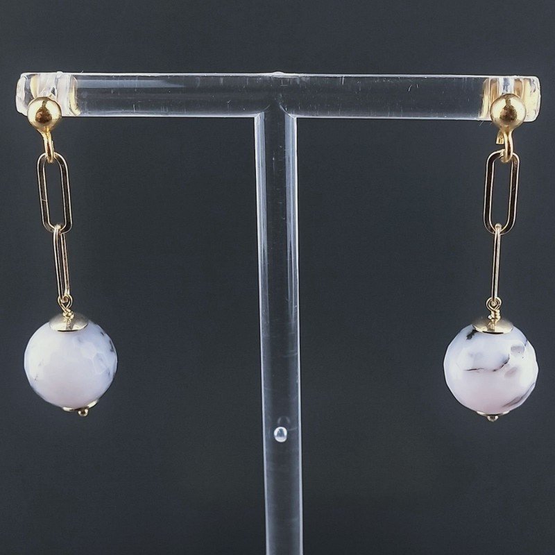 Orecchini Graffetta In Argento 925 A Nodo Orafo Dorato Con Opale Rosa Tondo Sfaccettato A Mano