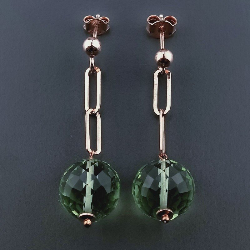 Orecchini Graffetta In Argento 925 A Nodo Orafo Oro Rosa Con Ametista Verde Idrotermale Tondo Sfaccettato A Mano