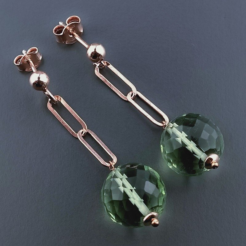 Orecchini Graffetta In Argento 925 A Nodo Orafo Oro Rosa Con Ametista Verde Idrotermale Tondo Sfaccettato A Mano
