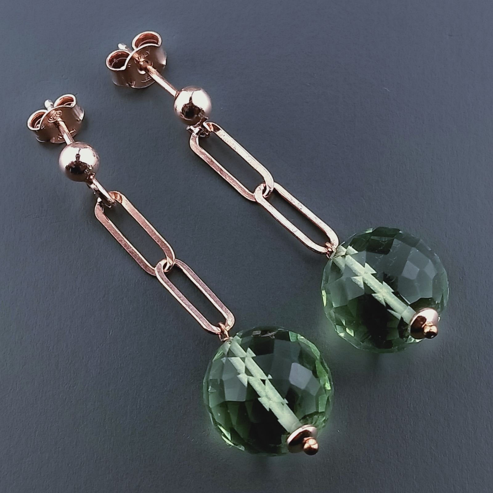 Orecchini Graffetta In Argento 925 A Nodo Orafo Oro Rosa Con Ametista Verde Idrotermale Tondo Sfaccettato A Mano