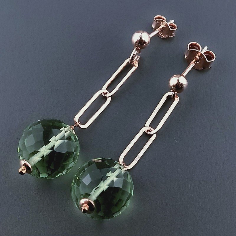 Orecchini Graffetta In Argento 925 A Nodo Orafo Oro Rosa Con Ametista Verde Idrotermale Tondo Sfaccettato A Mano