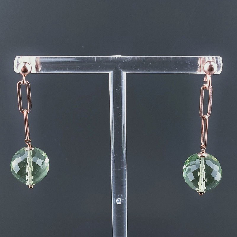 Orecchini Graffetta In Argento 925 A Nodo Orafo Oro Rosa Con Ametista Verde Idrotermale Tondo Sfaccettato A Mano