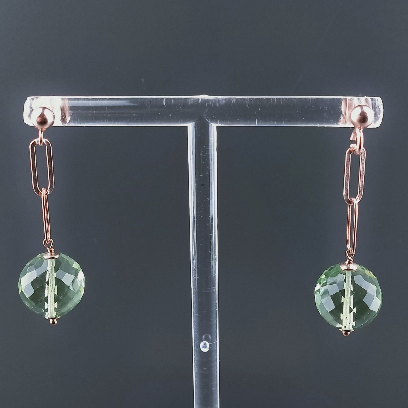Orecchini Graffetta In Argento 925 A Nodo Orafo Oro Rosa Con Ametista Verde Idrotermale Tondo Sfaccettato A Mano