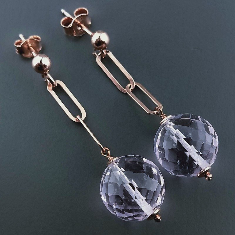 Orecchini Graffetta In Argento 925 A Nodo Orafo Oro Rosa Con Morganite Idrotermale Tondo Sfaccettato A Mano