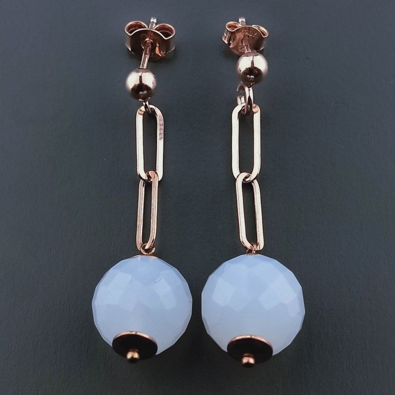 Orecchini Graffetta In Argento 925 A Nodo Orafo Oro Rosa Con Calcedonio Naturale Tondo Sfaccettato A Mano