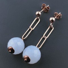 Orecchini Graffetta In Argento 925 A Nodo Orafo Oro Rosa Con Calcedonio Naturale Tondo Sfaccettato A Mano