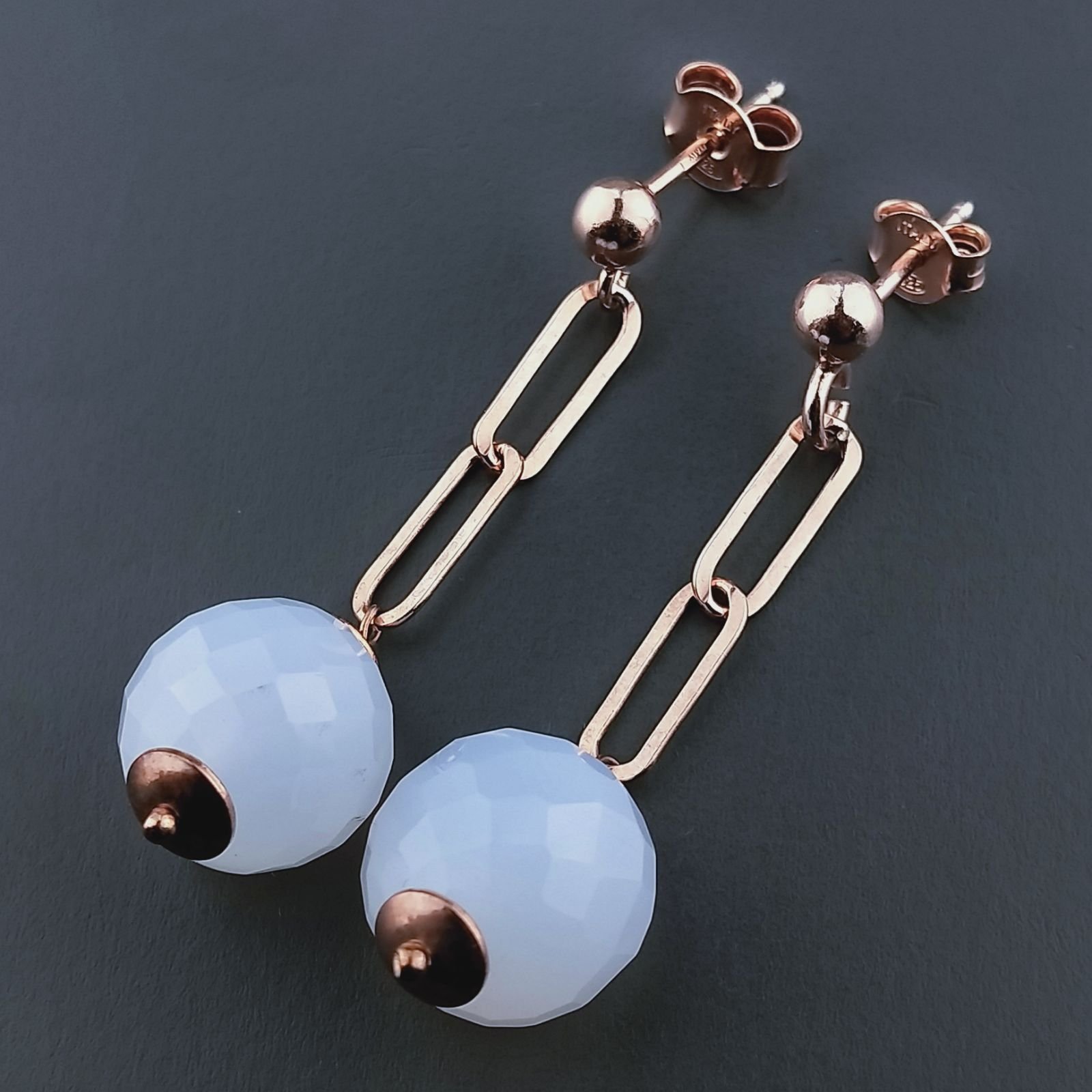 Orecchini Graffetta In Argento 925 A Nodo Orafo Oro Rosa Con Calcedonio Naturale Tondo Sfaccettato A Mano
