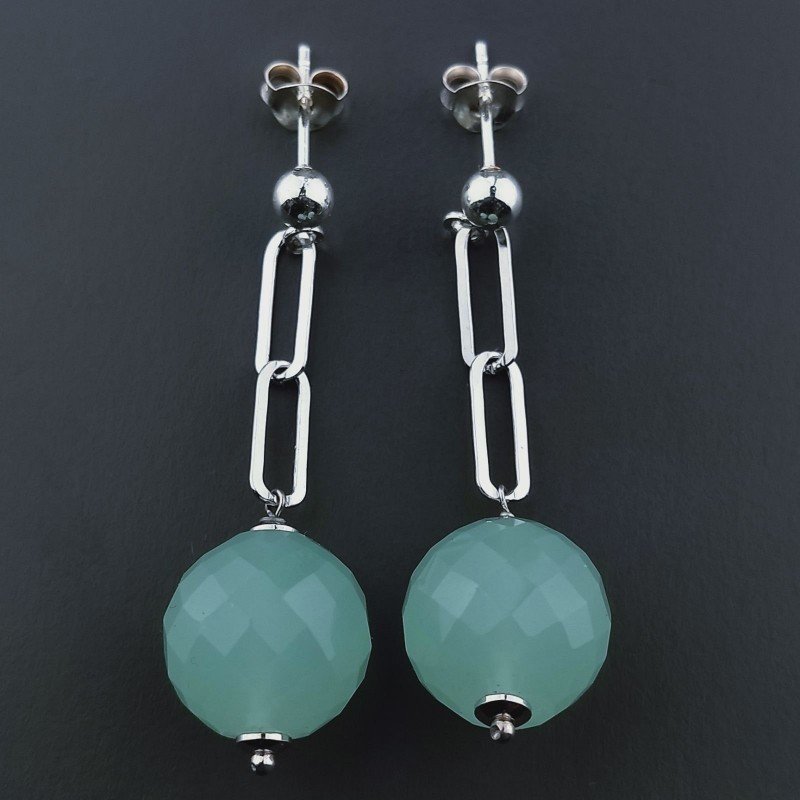 Orecchini Graffetta In Argento 925 A Nodo Orafo Rodiato Con Calcedonio Acqua Verde Tondo Sfaccettato A Mano