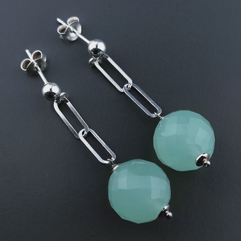 Orecchini Graffetta In Argento 925 A Nodo Orafo Rodiato Con Calcedonio Acqua Verde Tondo Sfaccettato A Mano