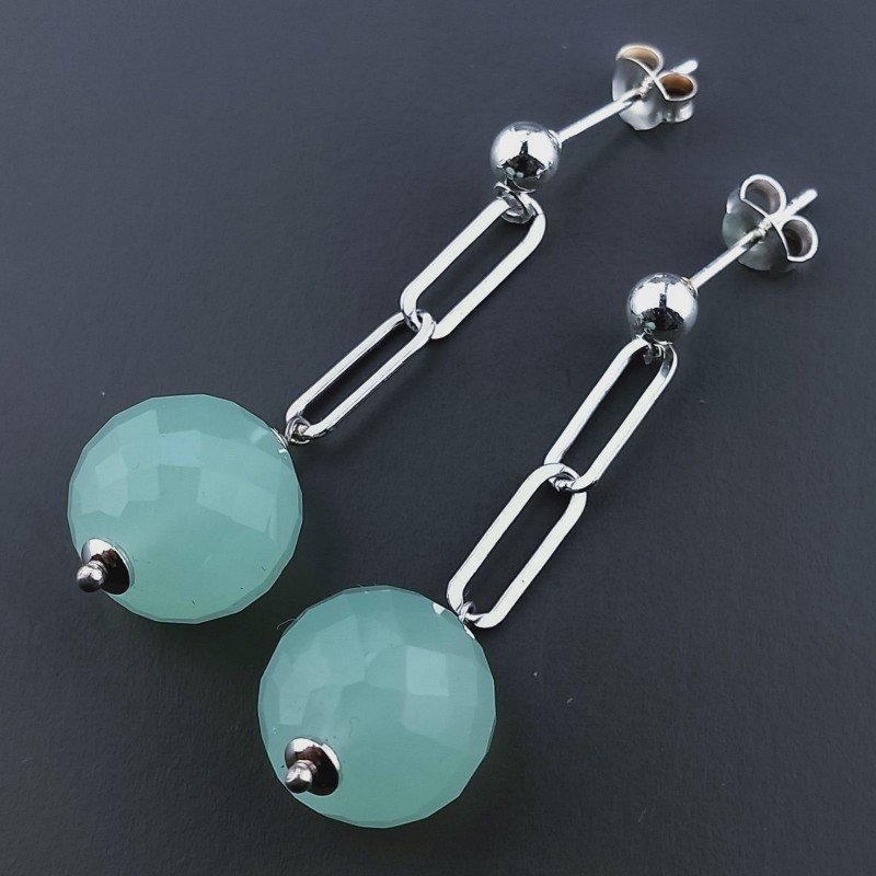 Orecchini Graffetta In Argento 925 A Nodo Orafo Rodiato Con Calcedonio Acqua Verde Tondo Sfaccettato A Mano
