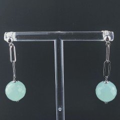 Orecchini Graffetta In Argento 925 A Nodo Orafo Rodiato Con Calcedonio Acqua Verde Tondo Sfaccettato A Mano