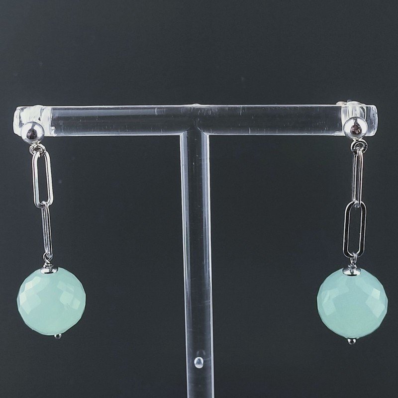 Orecchini Graffetta In Argento 925 A Nodo Orafo Rodiato Con Calcedonio Acqua Verde Tondo Sfaccettato A Mano