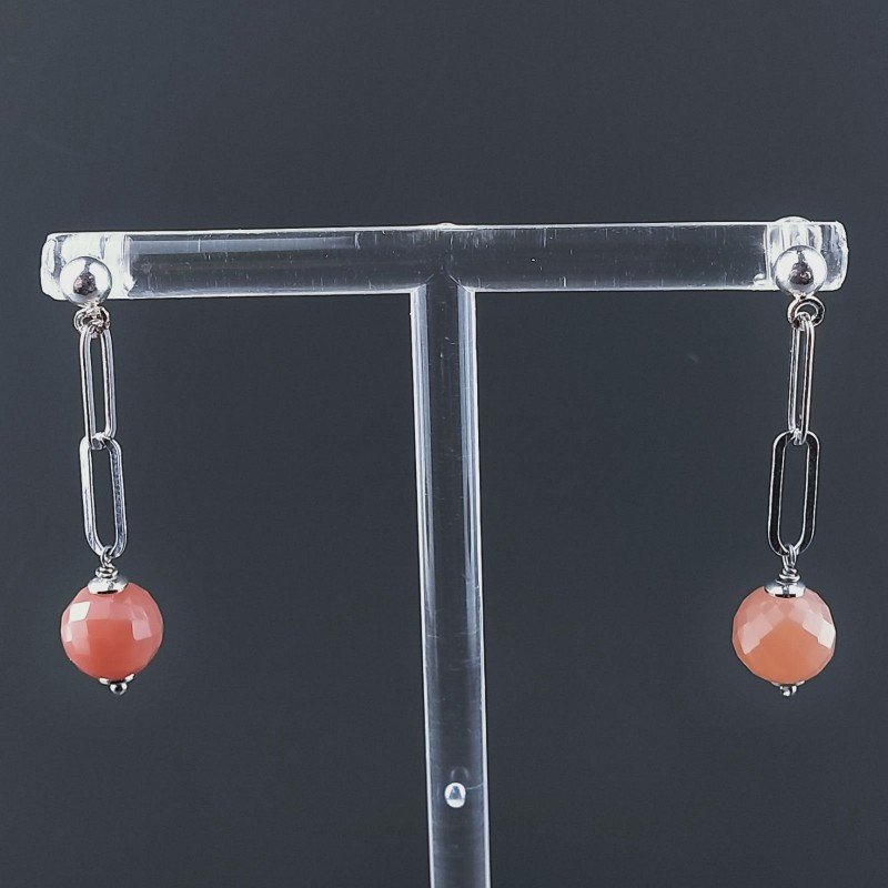 Orecchini Graffetta In Argento 925 A Nodo Orafo Rodiato Con Pietra Di Luna Chocolate Tondo Sfaccettato A Mano