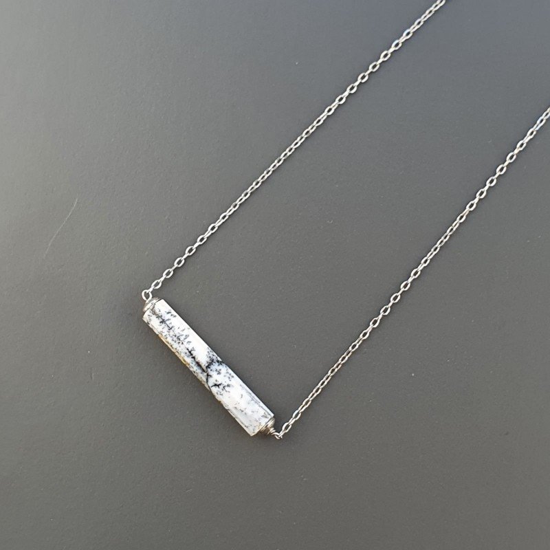 Collana Girocollo Con Catena Rodiato Argento 925 E Opale Dendritica Taglio Cilindro Sfaccettato A Mano 1Pz Collana Girocollo Con Catena Rodiato Argento 925 E Opale Dendritica Taglio Cilindro Sfaccettato A Mano 1Pz