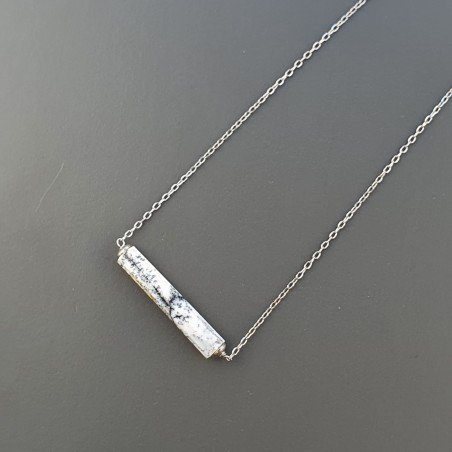 Collana Girocollo Con Catena Rodiato Argento 925 E Opale Dendritica Taglio Cilindro Sfaccettato A Mano 1Pz