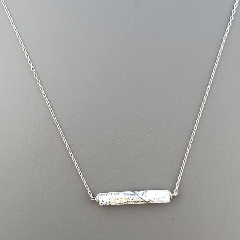 Collana Girocollo Con Catena Rodiato Argento 925 E Opale Dendritica Taglio Cilindro Sfaccettato A Mano 1Pz Collana Girocollo Con Catena Rodiato Argento 925 E Opale Dendritica Taglio Cilindro Sfaccettato A Mano 1Pz
