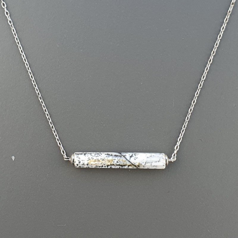 Collana Girocollo Con Catena Rodiato Argento 925 E Opale Dendritica Taglio Cilindro Sfaccettato A Mano 1Pz Collana Girocollo Con Catena Rodiato Argento 925 E Opale Dendritica Taglio Cilindro Sfaccettato A Mano 1Pz