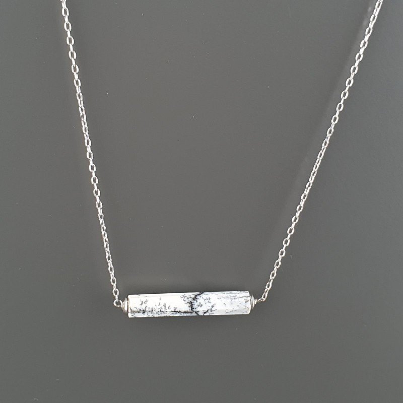 Collana Girocollo Con Catena Rodiato Argento 925 E Opale Dendritica Taglio Cilindro Sfaccettato A Mano 1Pz Collana Girocollo Con Catena Rodiato Argento 925 E Opale Dendritica Taglio Cilindro Sfaccettato A Mano 1Pz