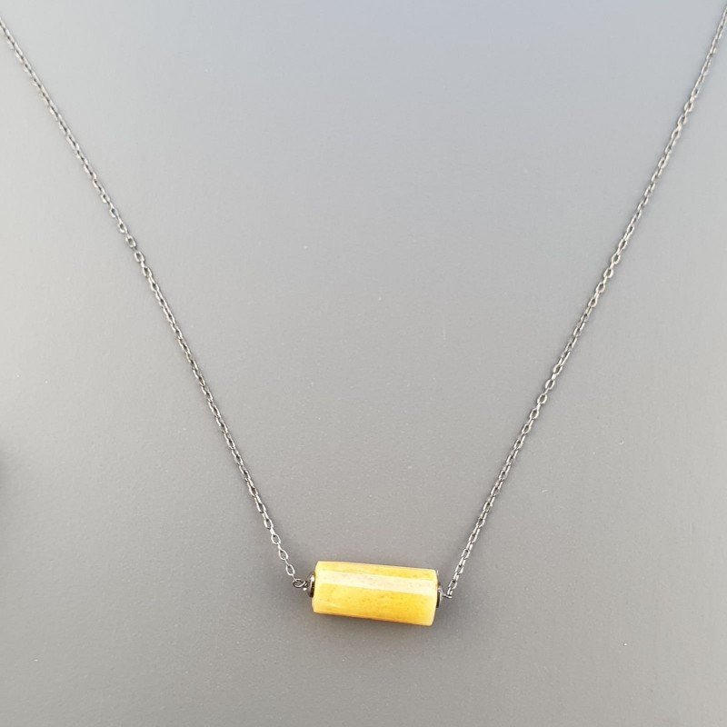 Collana Girocollo Con Catena Brunito Argento 925 E Calcite Gialla Taglio Cilindro Sfaccettato A Mano 1Pz