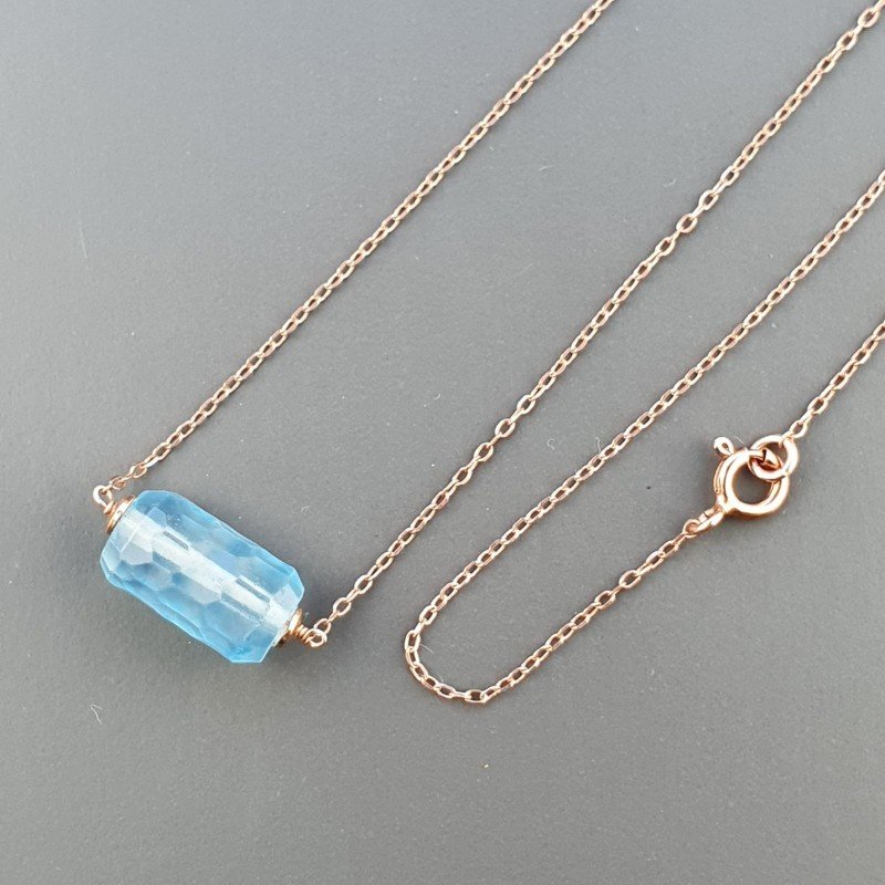 Collana Girocollo Con Catena Brunito Argento 925 E Cristallo Di Rocca Diamantata Azzurro Taglio Cilindro Sfaccettato A Mano 1Pz