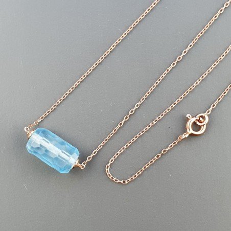 Collana Girocollo Con Catena Brunito Argento 925 E Cristallo Di Rocca Diamantata Azzurro Taglio Cilindro Sfaccettato A Mano 1Pz