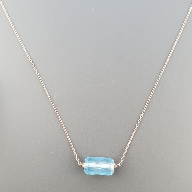 Collana Girocollo Con Catena Brunito Argento 925 E Cristallo Di Rocca Diamantata Azzurro Taglio Cilindro Sfaccettato A Mano 1Pz