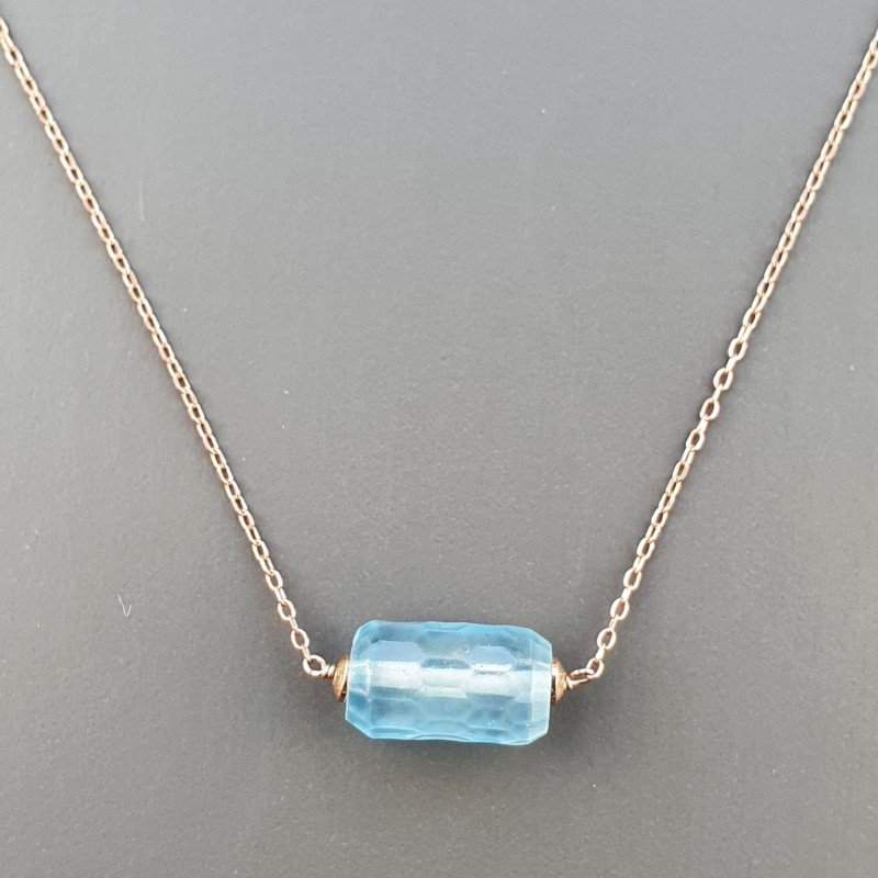 Collana Girocollo Con Catena Brunito Argento 925 E Cristallo Di Rocca Diamantata Azzurro Taglio Cilindro Sfaccettato A Mano 1Pz
