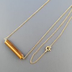 Collana Girocollo Con Catena Dorato Argento 925 E Occhio Di Tigre Taglio Cilindro Sfaccettato A Mano 1Pz