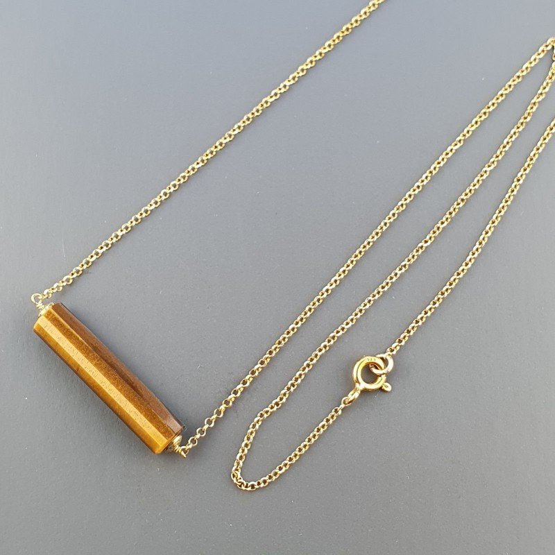 Collana Girocollo Con Catena Dorato Argento 925 E Occhio Di Tigre Taglio Cilindro Sfaccettato A Mano 1Pz