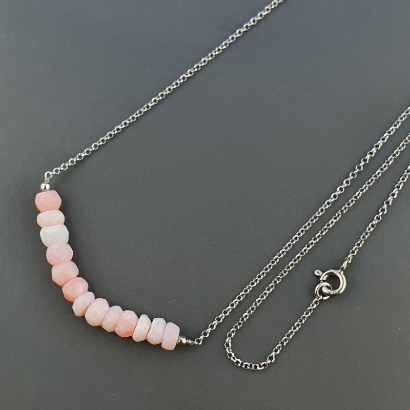 Collana Girocollo Con Catena Rodiato Argento 925 E Opale Rosa Taglio Rondelle Sfaccettato A Mano 1Pz