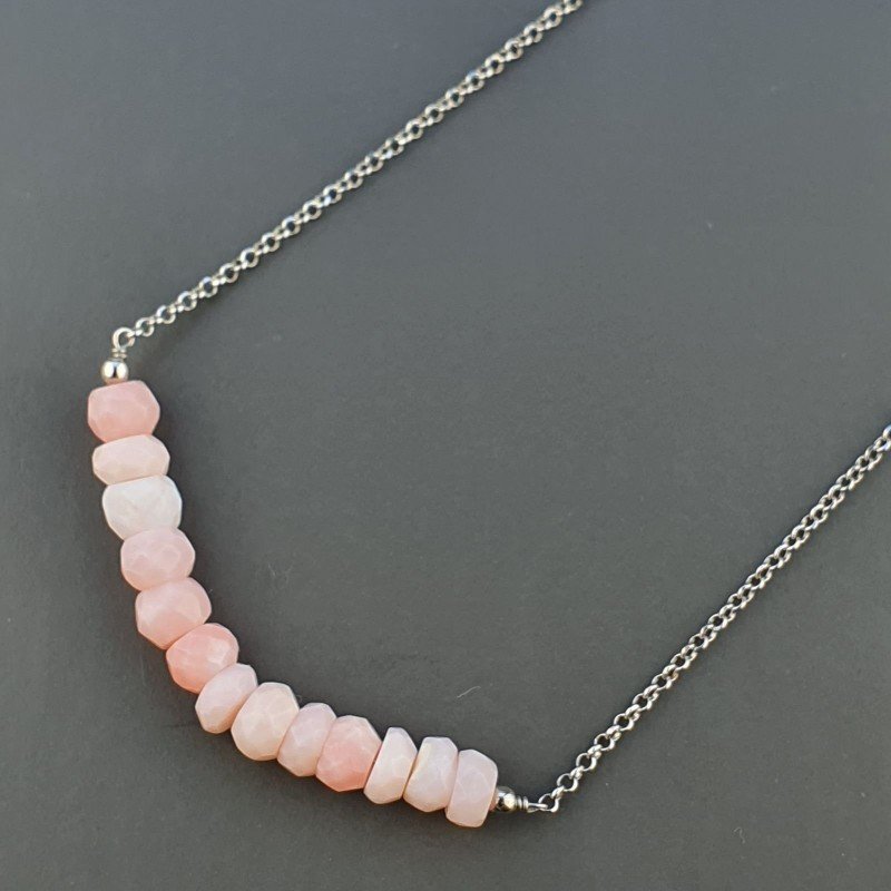 Collana Girocollo Con Catena Rodiato Argento 925 E Opale Rosa Taglio Rondelle Sfaccettato A Mano 1Pz