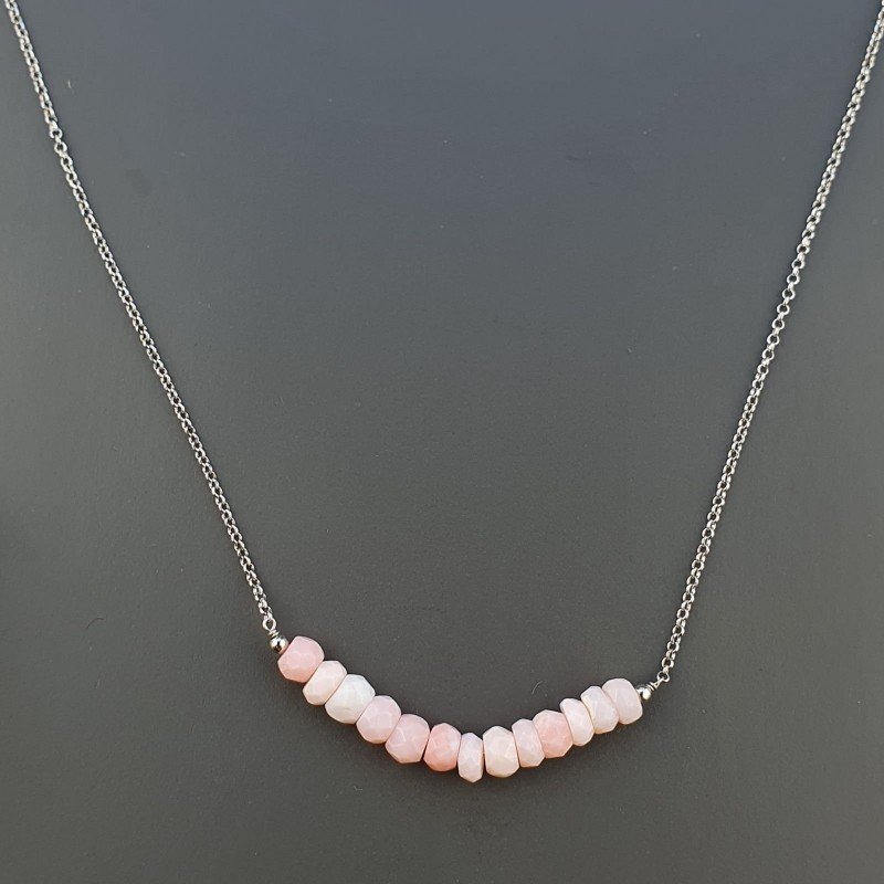 Collana Girocollo Con Catena Rodiato Argento 925 E Opale Rosa Taglio Rondelle Sfaccettato A Mano 1Pz