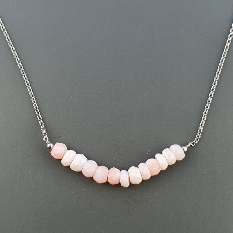 Collana Girocollo Con Catena Rodiato Argento 925 E Opale Rosa Taglio Rondelle Sfaccettato A Mano 1Pz