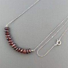 Collana Girocollo Con Catena Rodiato Argento 925 E Granato Rosso Taglio Rondelle Sfaccettato A Mano 1Pz