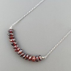 Collana Girocollo Con Catena Rodiato Argento 925 E Granato Rosso Taglio Rondelle Sfaccettato A Mano 1Pz