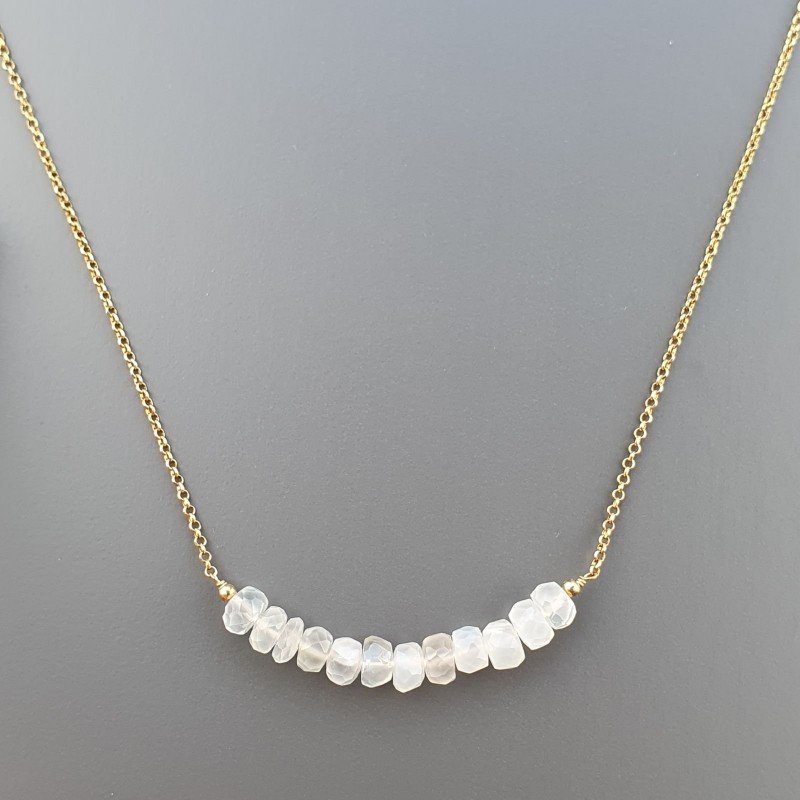Collana Girocollo Con Catena Dorato Argento 925 E Pietra Di Luna (Adularia) Taglio Rondelle Sfaccettato A Mano 1Pz