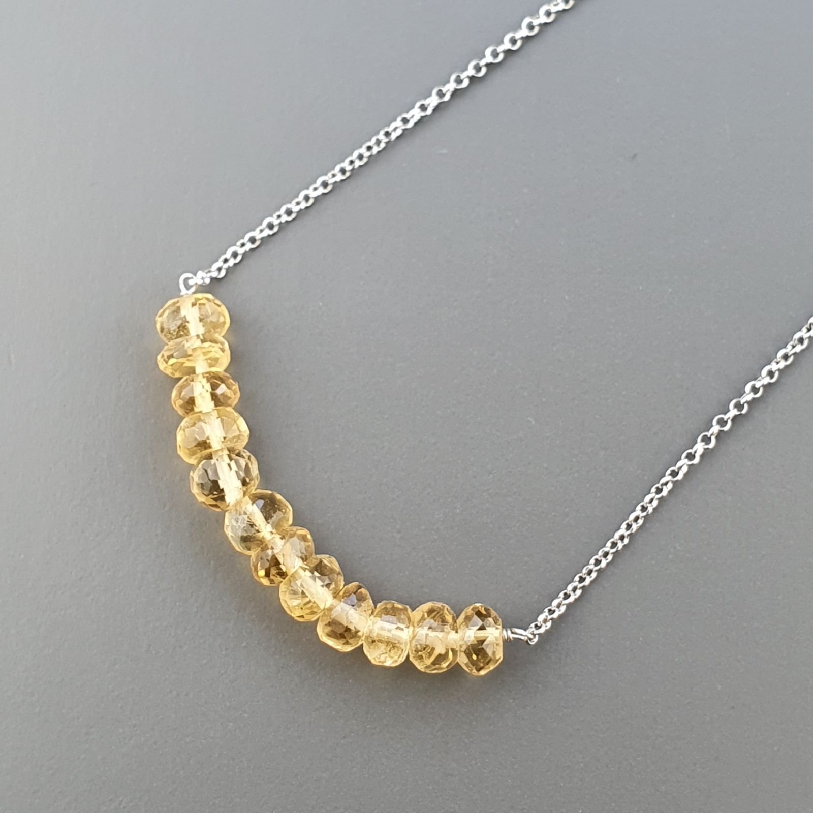 Collana Girocollo Con Catena Rodiato Argento 925 E Quarzo Citrino Taglio Rondelle Sfaccettato A Mano 1Pz