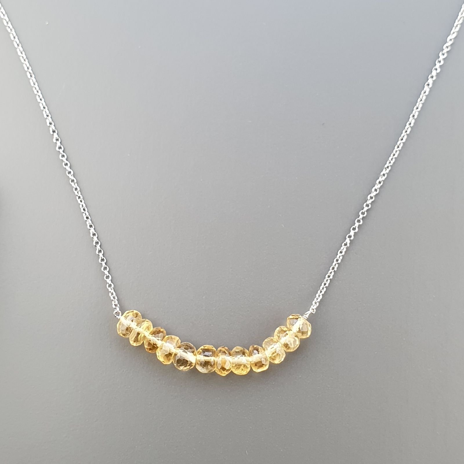 Collana Girocollo Con Catena Rodiato Argento 925 E Quarzo Citrino Taglio Rondelle Sfaccettato A Mano 1Pz