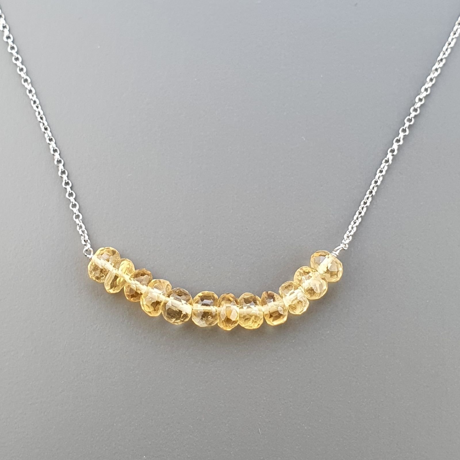 Collana Girocollo Con Catena Rodiato Argento 925 E Quarzo Citrino Taglio Rondelle Sfaccettato A Mano 1Pz