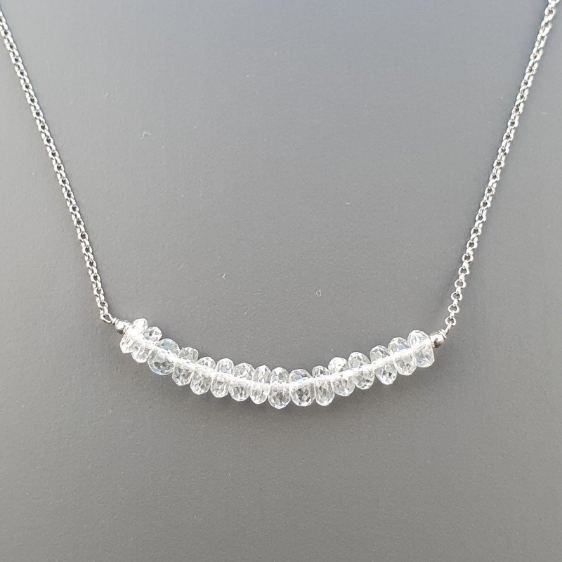 Collana Girocollo Con Catena Rodiato Argento 925 E Topazio Bianco Taglio Rondelle Sfaccettato A Mano 1Pz