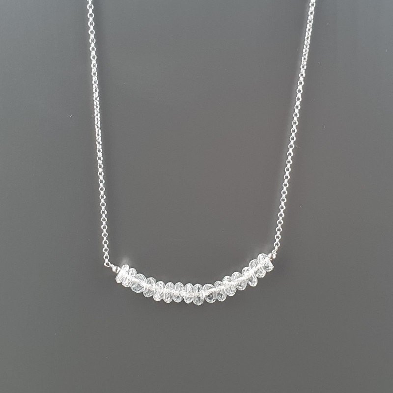 Collana Girocollo Con Catena Rodiato Argento 925 E Topazio Bianco Taglio Rondelle Sfaccettato A Mano 1Pz