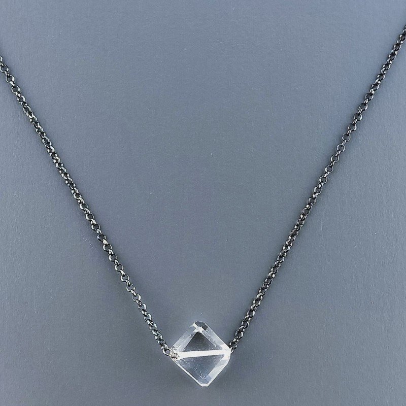 Collana Girocollo Con Catena Brunito Argento 925 E Cristallo Di Rocca Taglio Cubetti Sfaccettato A Mano 1Pz