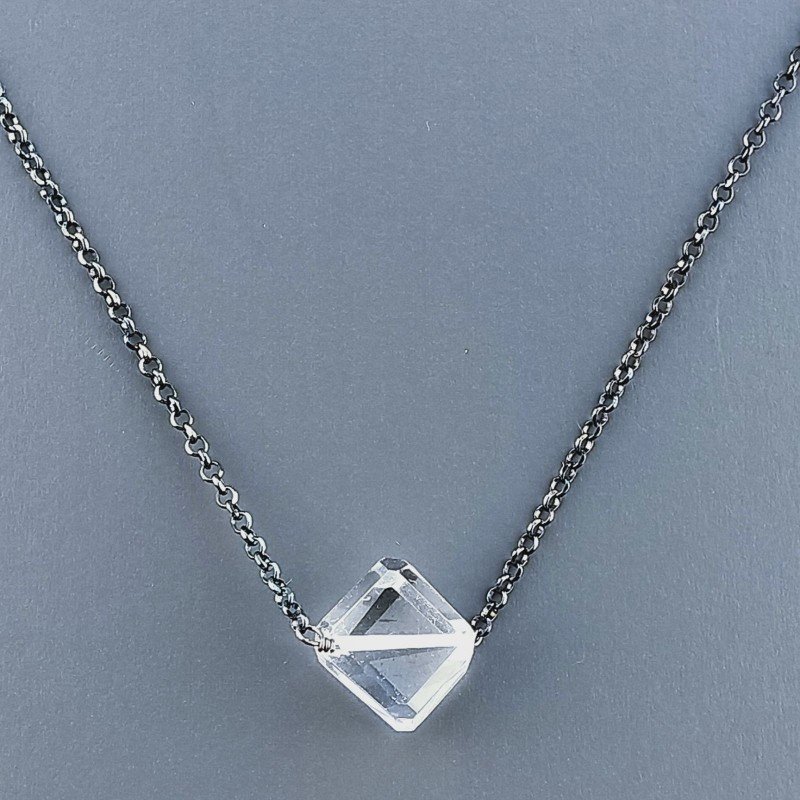 Collana Girocollo Con Catena Brunito Argento 925 E Cristallo Di Rocca Taglio Cubetti Sfaccettato A Mano 1Pz