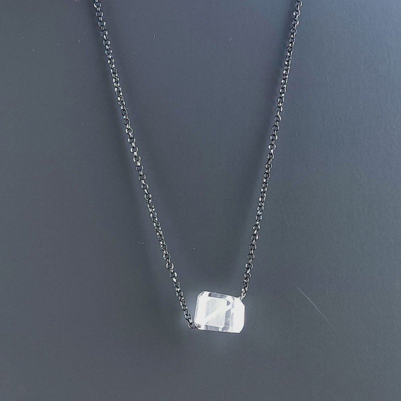 Collana Girocollo Con Catena Brunito Argento 925 E Cristallo Di Rocca Taglio Cubetti Sfaccettato A Mano 1Pz