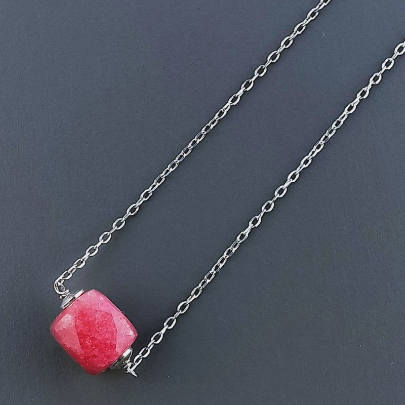 Collana Girocollo Con Catena Rodiato Argento 925 E Giada Rubino Taglio Cubetti Sfaccettato A Mano 1Pz